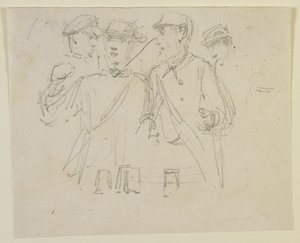 4人の男性のグループ、1858年（オフホワイトの織り紙に鉛筆） 作： James Abbott McNeill Whistler